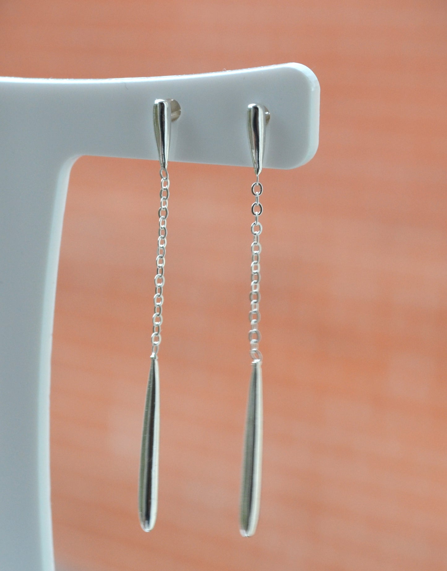 Sterling Silver 925 Elongated Bar Stud Drop Earrings