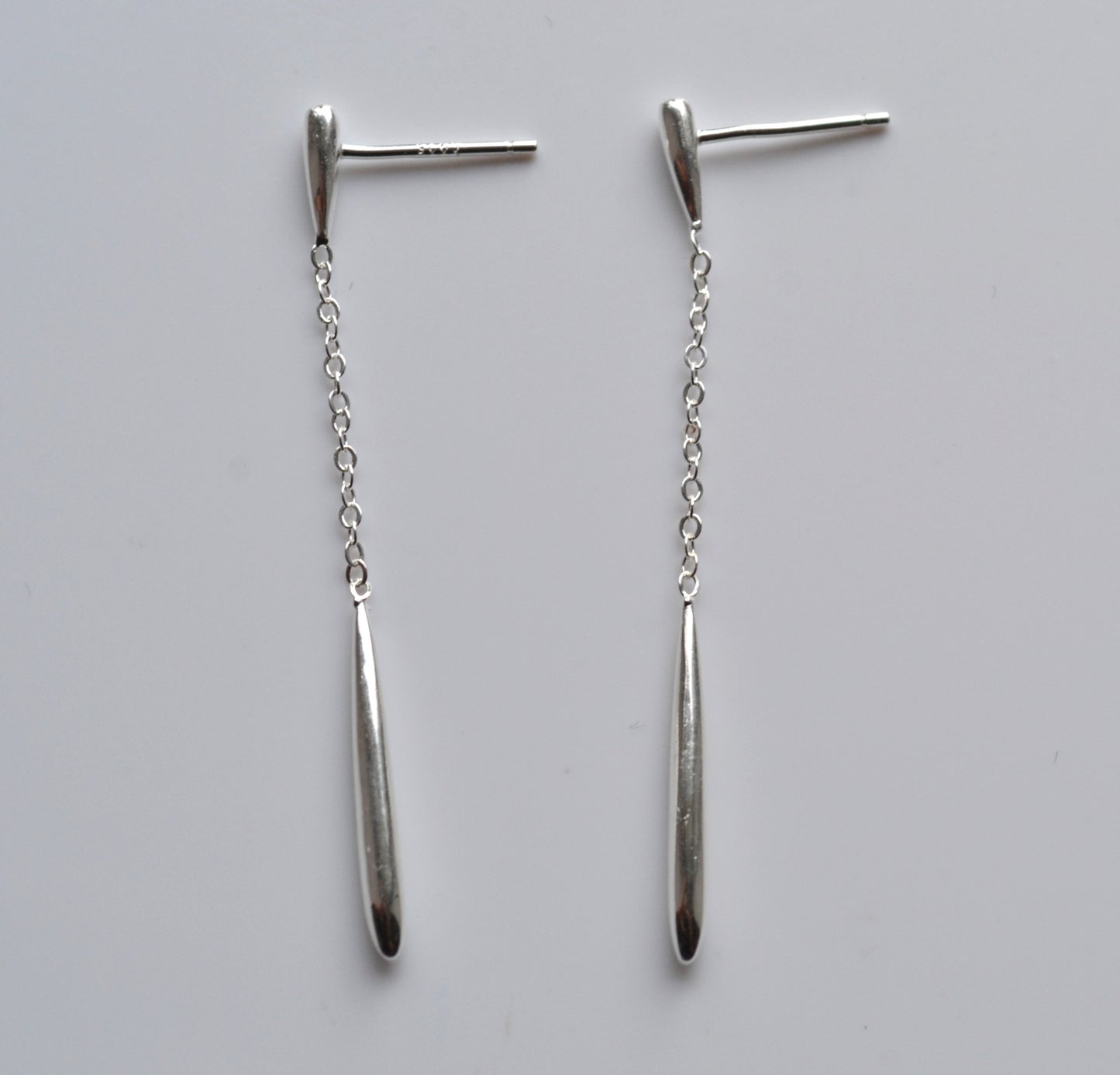 Sterling Silver 925 Elongated Bar Stud Drop Earrings