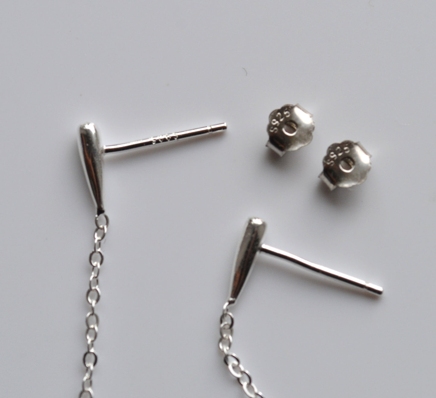 Sterling Silver 925 Elongated Bar Stud Drop Earrings