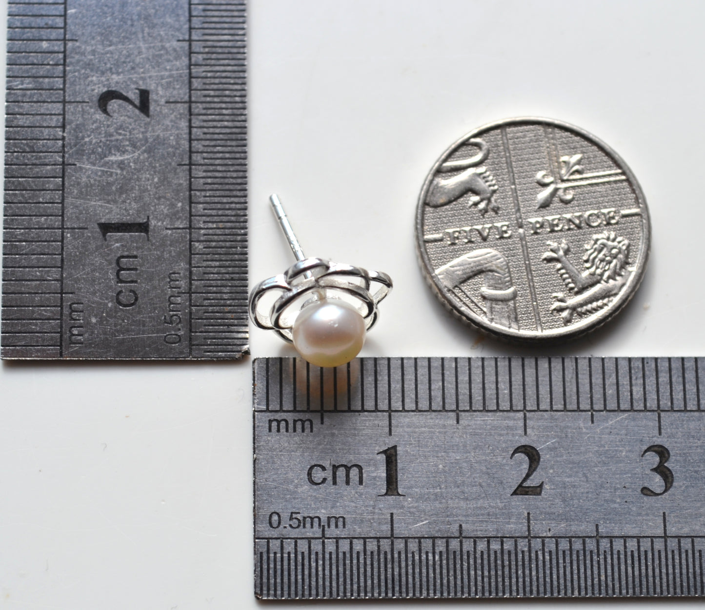 Sterling Silver 925 Genuine Fresh Water 5mm White Pearl Open Cut Out Flower Stud Earrings