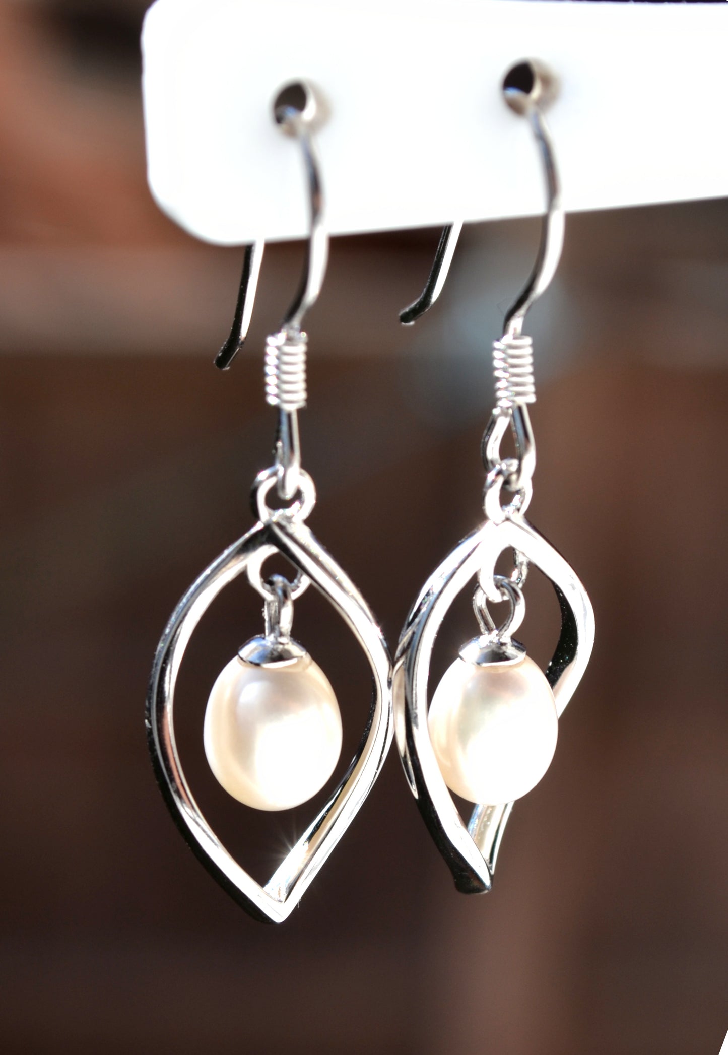 Sterling Silver 925 Genuine Freshwater White 7x6mm Oval Pearl Twist Hookwire Earrings