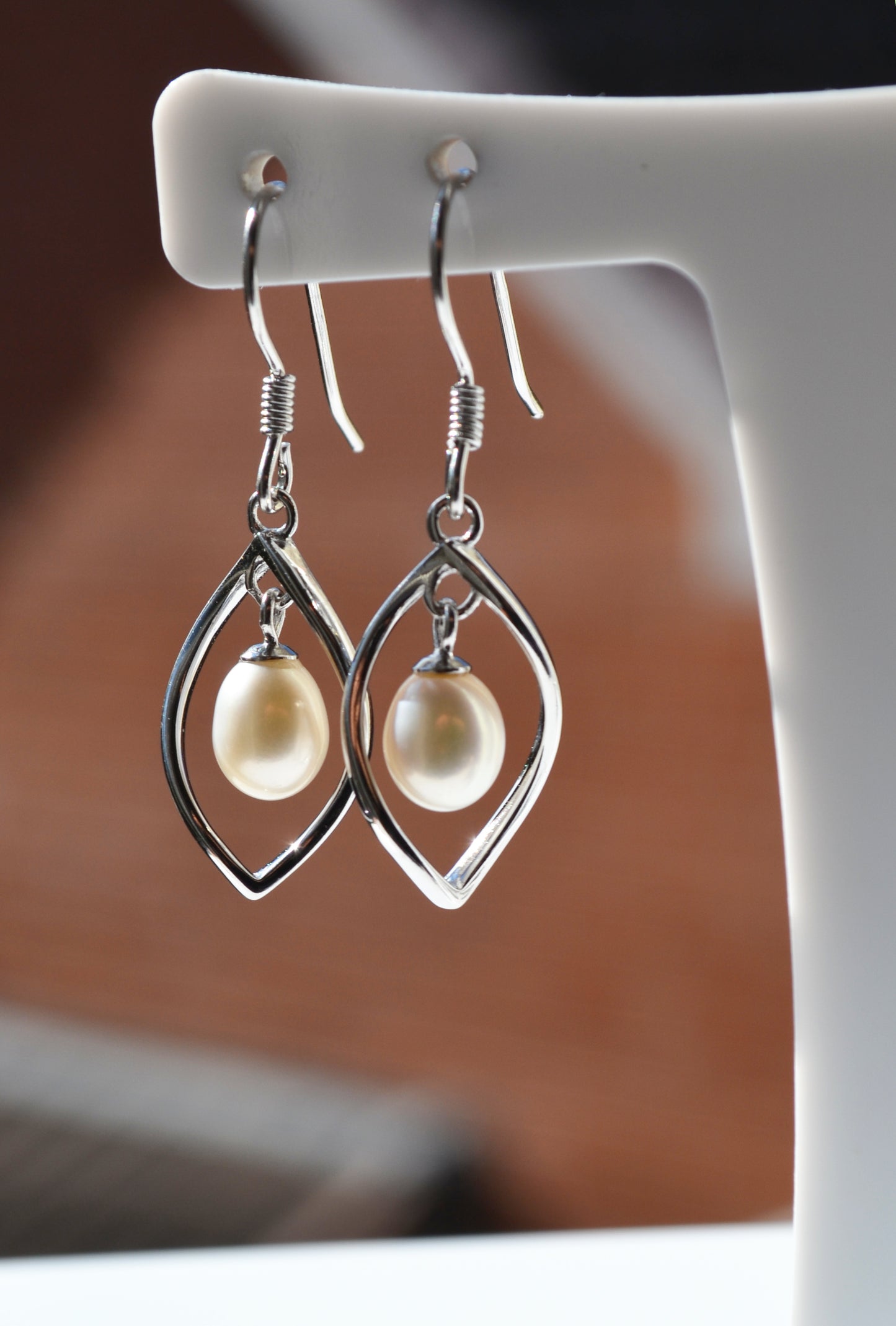 Sterling Silver 925 Genuine Freshwater White 7x6mm Oval Pearl Twist Hookwire Earrings