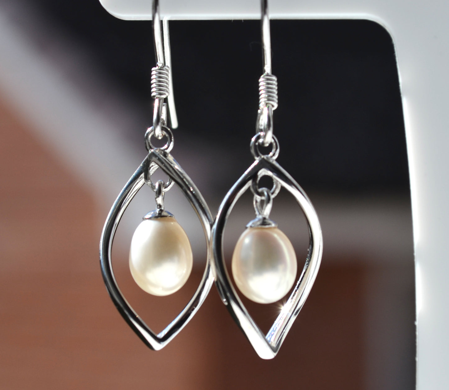 Sterling Silver 925 Genuine Freshwater White 7x6mm Oval Pearl Twist Hookwire Earrings