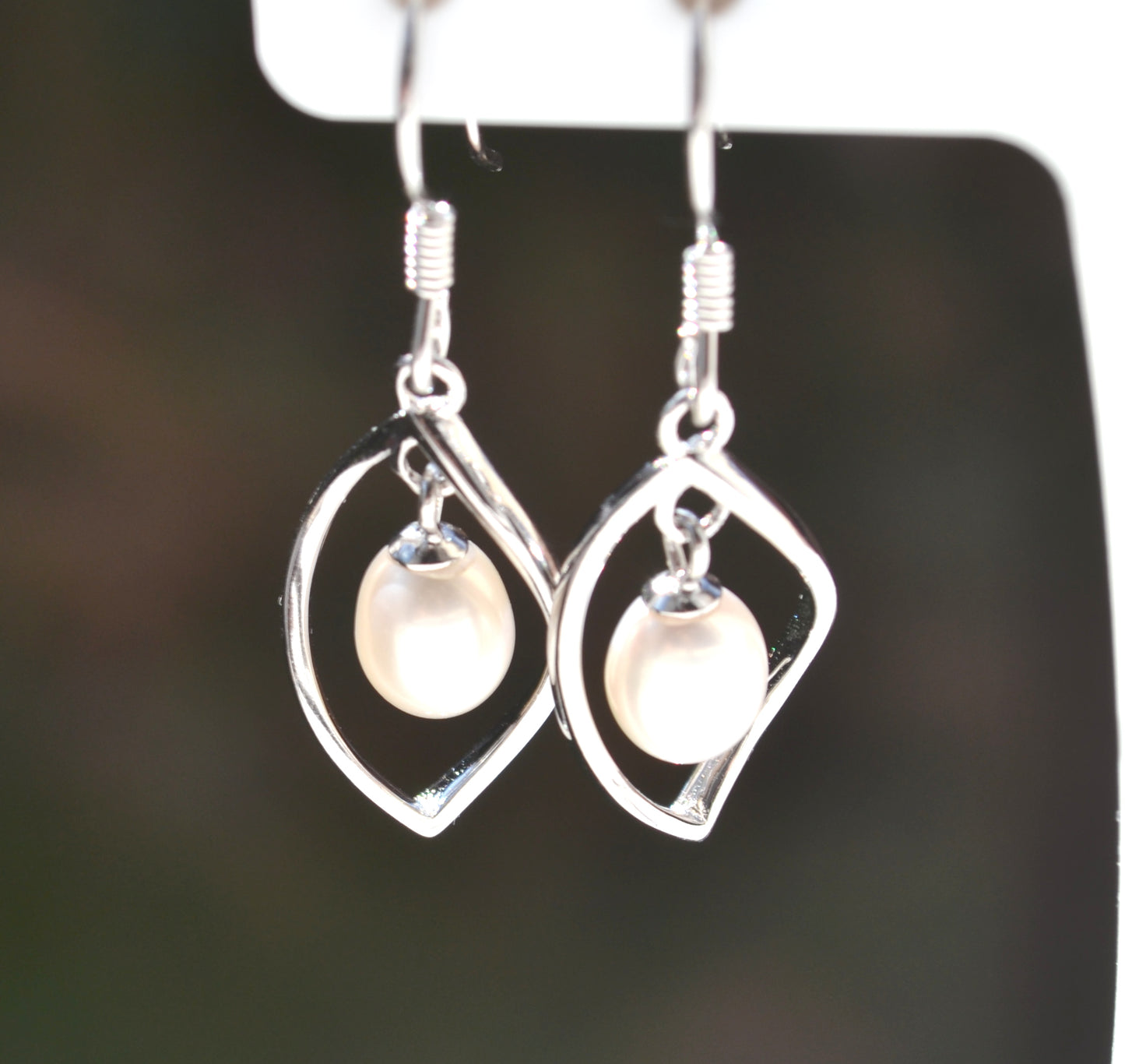 Sterling Silver 925 Genuine Freshwater White 7x6mm Oval Pearl Twist Hookwire Earrings