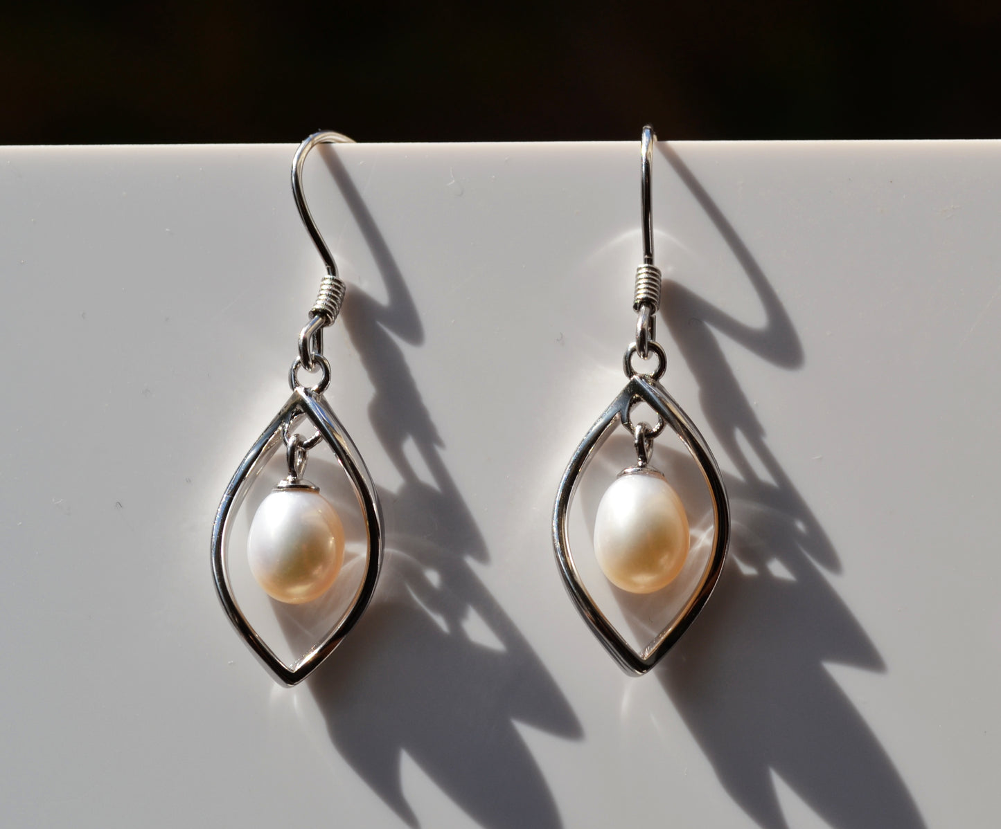 Sterling Silver 925 Genuine Freshwater White 7x6mm Oval Pearl Twist Hookwire Earrings