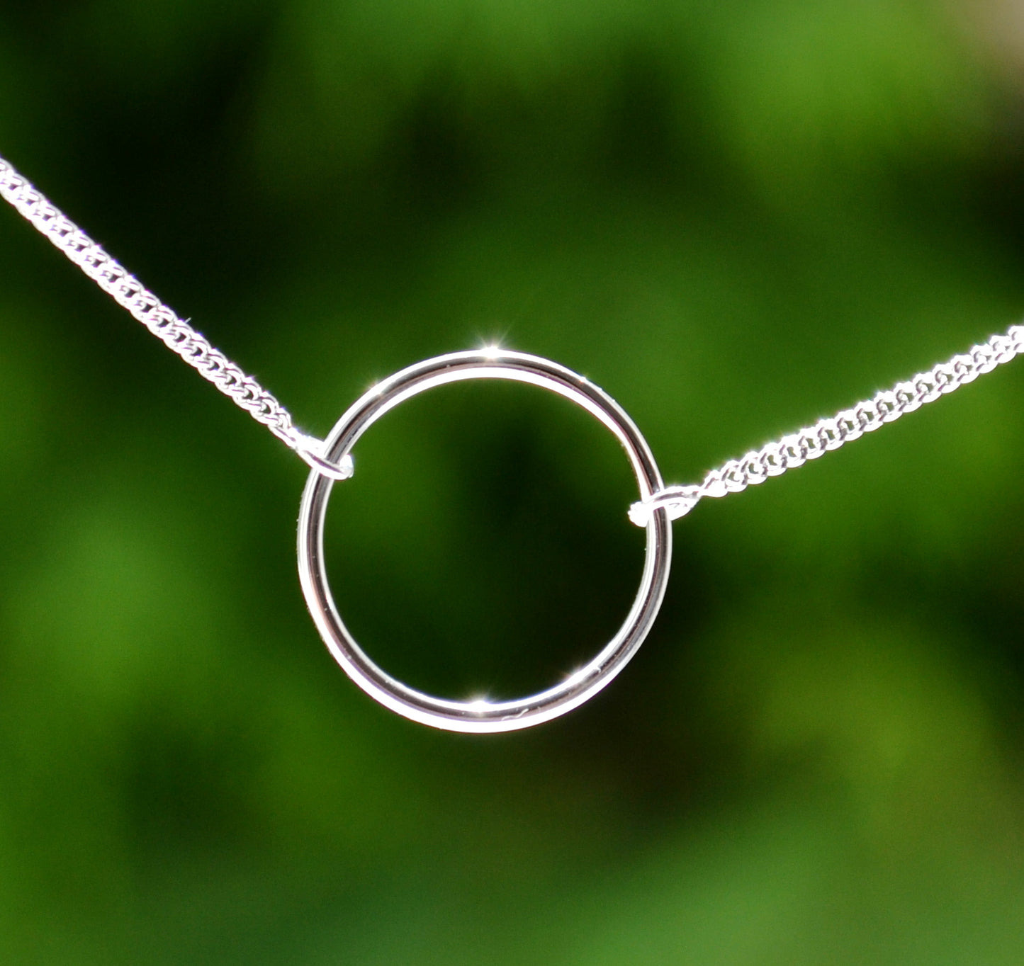 Sterling Silver 925 Rhodium Plated Open Circle Necklace on 15-16 or 16-18 inch Curb Chain