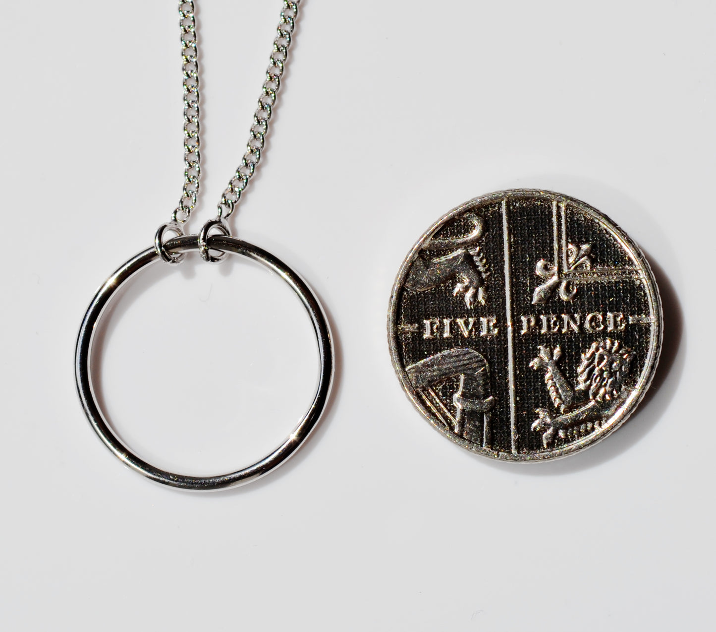 Sterling Silver 925 Rhodium Plated Open Circle Necklace on 15-16 or 16-18 inch Curb Chain