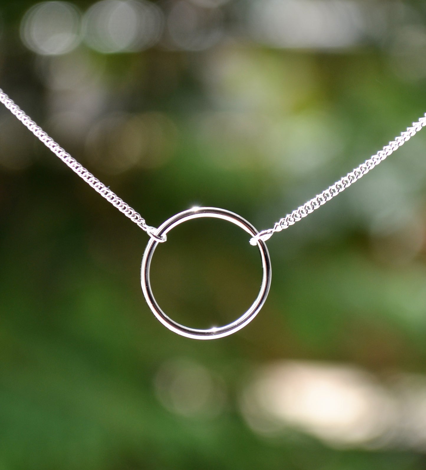 Sterling Silver 925 Rhodium Plated Open Circle Necklace on 15-16 or 16-18 inch Curb Chain