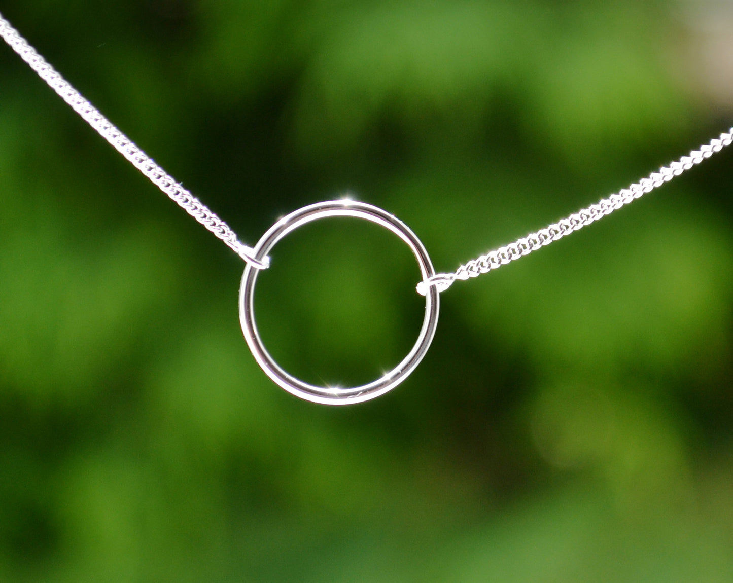 Sterling Silver 925 Rhodium Plated Open Circle Necklace on 15-16 or 16-18 inch Curb Chain