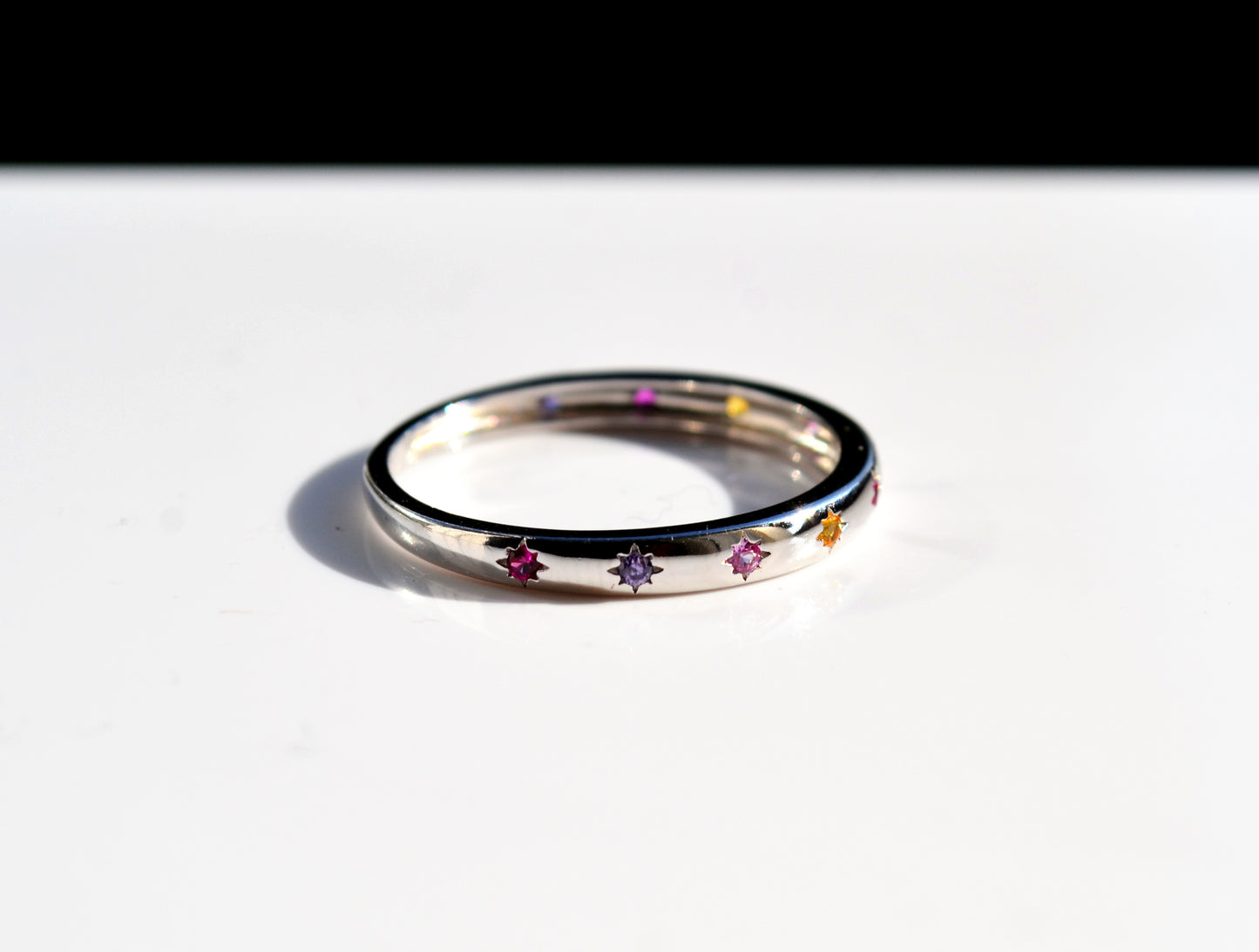 Sterling Silver 925 2mm Wide Multi Coloured CZ Star Set Closed Ring Not Adjustable