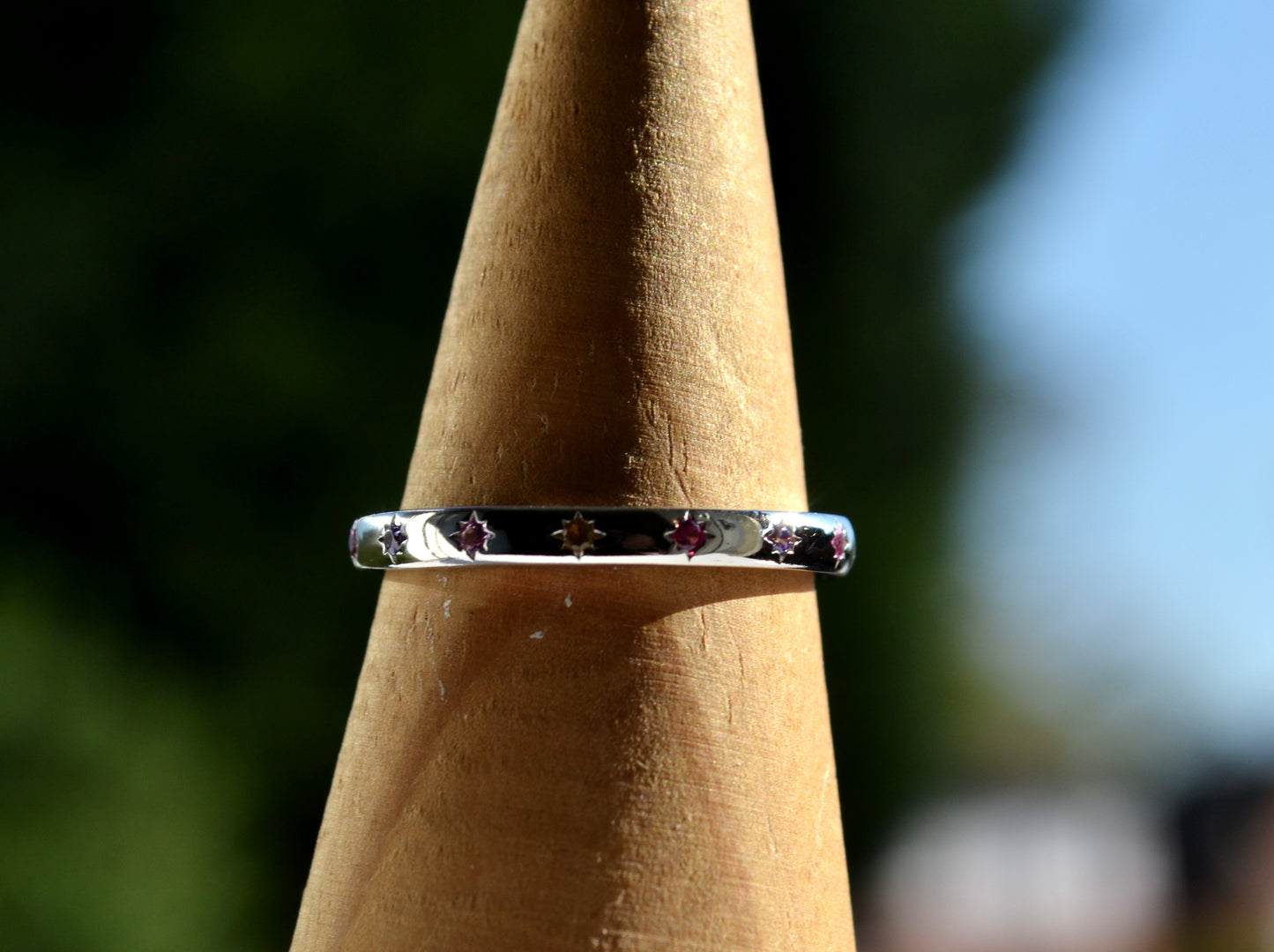 Sterling Silver 925 2mm Wide Multi Coloured CZ Star Set Closed Ring Not Adjustable