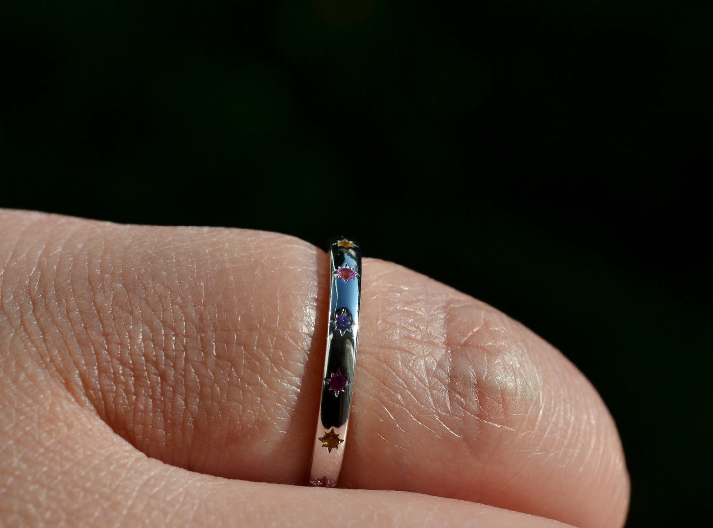 Sterling Silver 925 2mm Wide Multi Coloured CZ Star Set Closed Ring Not Adjustable