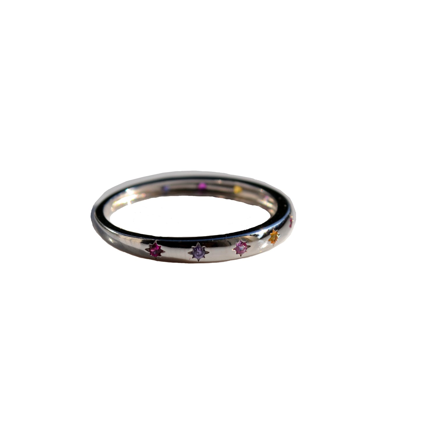 Sterling Silver 925 2mm Wide Multi Coloured CZ Star Set Closed Ring Not Adjustable