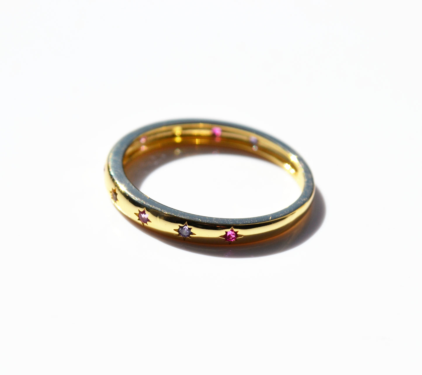 Sterling Silver 925 Yellow Gold Plated 2mm Wide Multi Coloured CZ Star Set Closed Ring Not Adjustable (Copy)