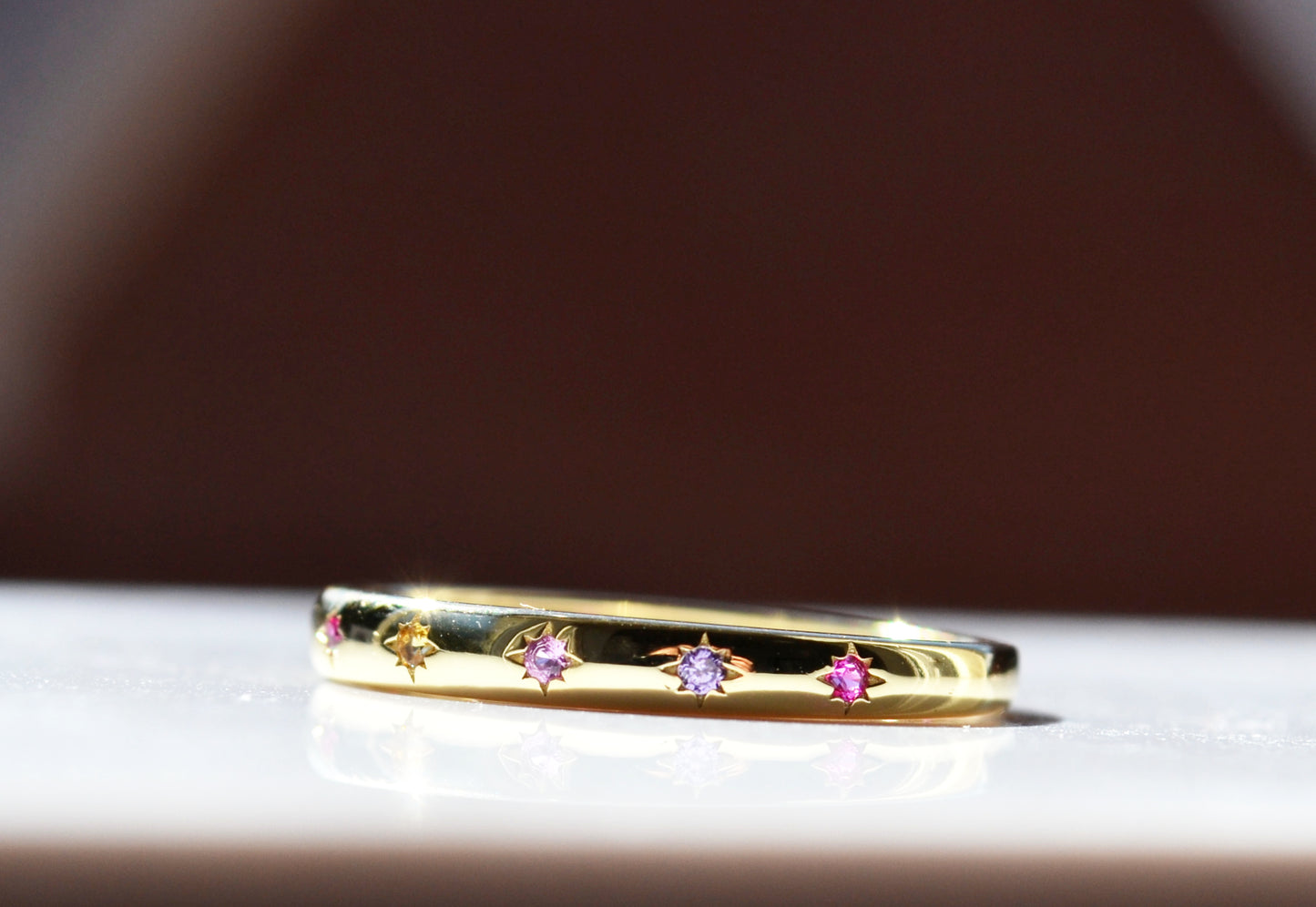 Sterling Silver 925 Yellow Gold Plated 2mm Wide Multi Coloured CZ Star Set Closed Ring Not Adjustable (Copy)