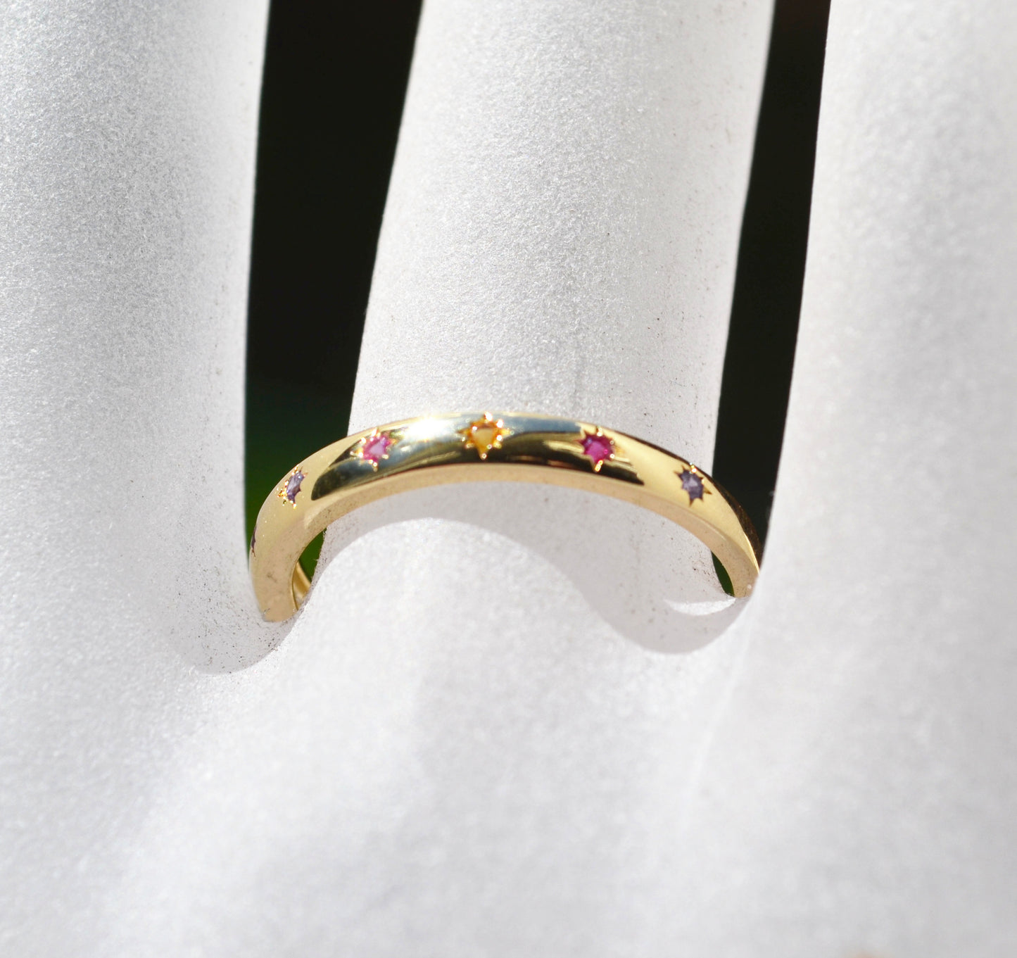 Sterling Silver 925 Yellow Gold Plated 2mm Wide Multi Coloured CZ Star Set Closed Ring Not Adjustable (Copy)