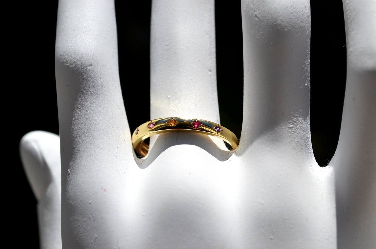 Sterling Silver 925 Yellow Gold Plated 2mm Wide Multi Coloured CZ Star Set Closed Ring Not Adjustable (Copy)